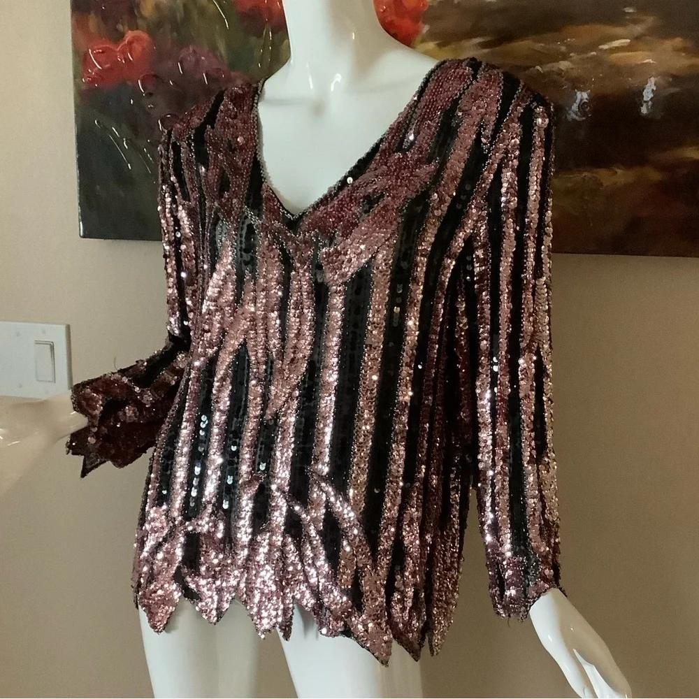 Vintage Sho Max Baby Pink Sequin Top with Rhinestones - Picture 7 of 12